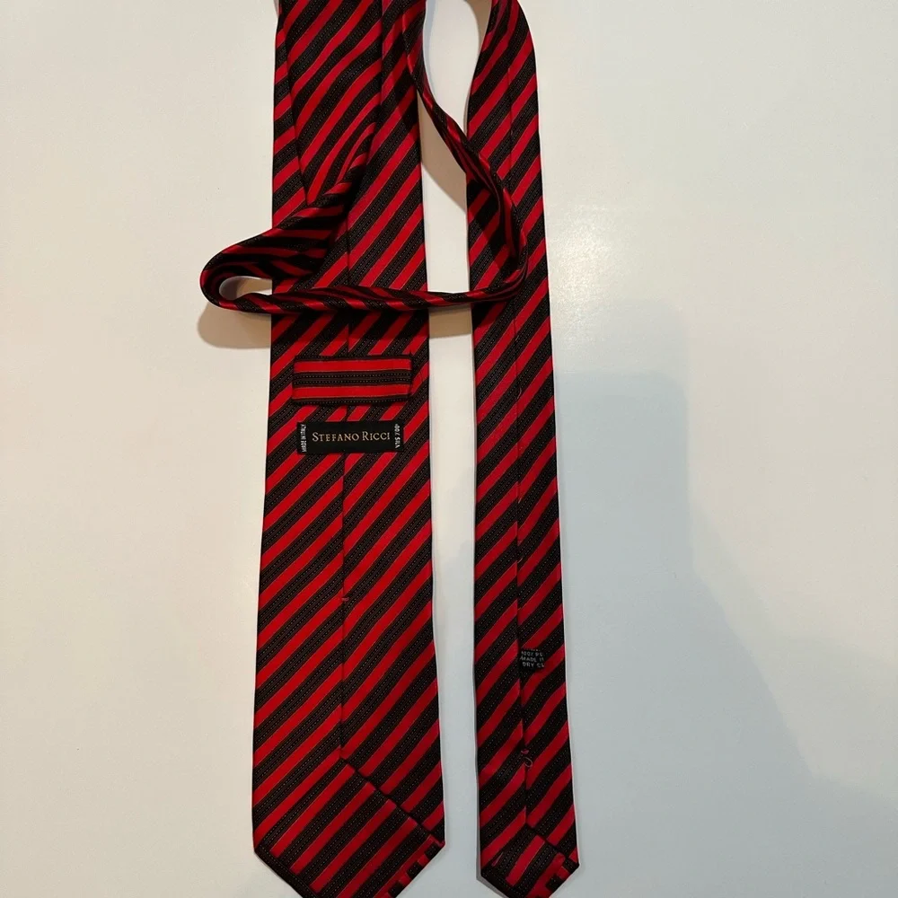 Stefano Ricci Firenze Italy Men’s Silk Tie Red Black Striped 3.5” Wide 60+” Long